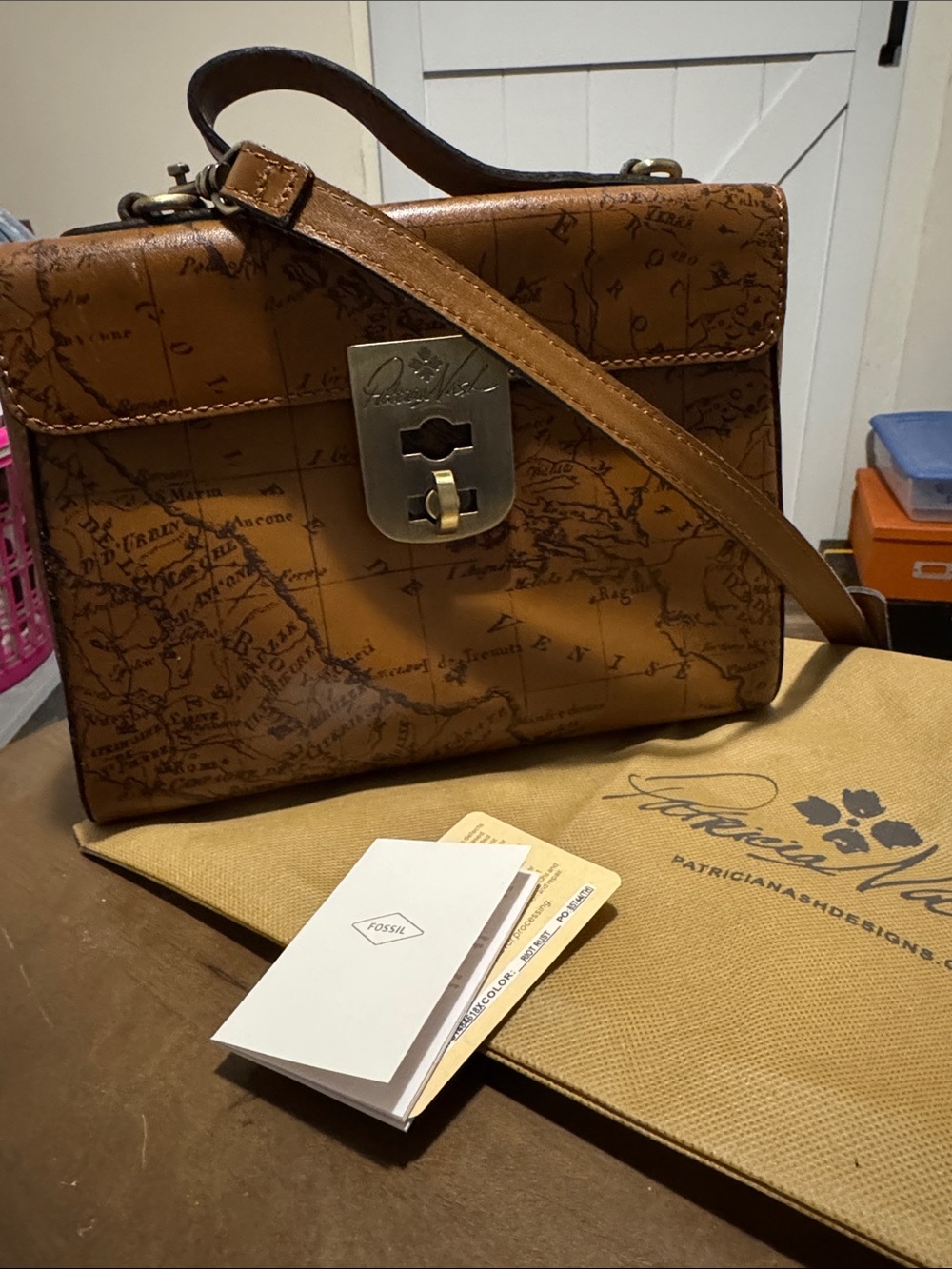 Patricia Nash Cognac Map-Print Leather Satchel with Gold-Tone Lock